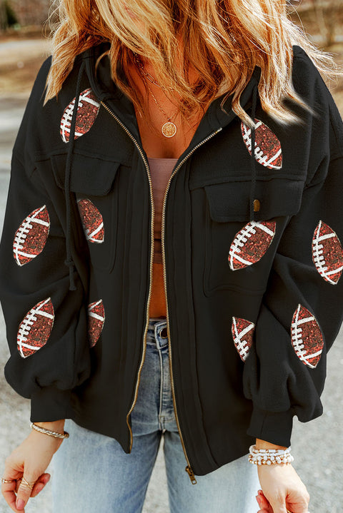 Black Sequined Rugby Pattern Pocketed Zipper Hooded Jacket