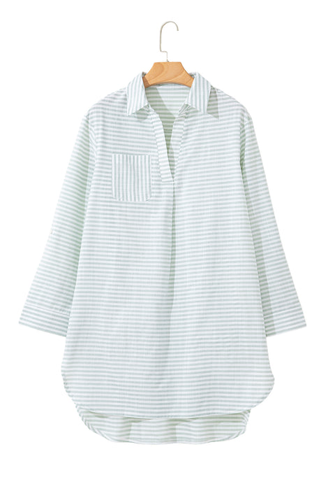 White Stripe Collared V Neck Chest Pocket Long Sleeve Beach Cover up