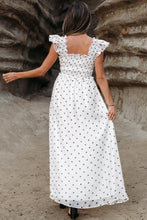 White Polka Dot Flutter Sleeve Square Neck Smocked Maxi Dress