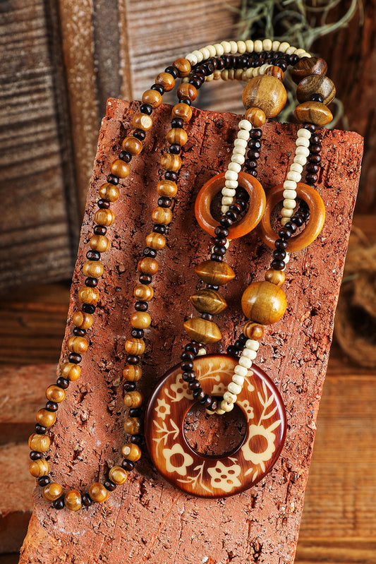 Brown Vintage Beaded Wooden Pendant Necklace