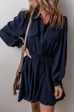 Navy Blue Solid Chest Pockets Tunic Shirt Mini Dress