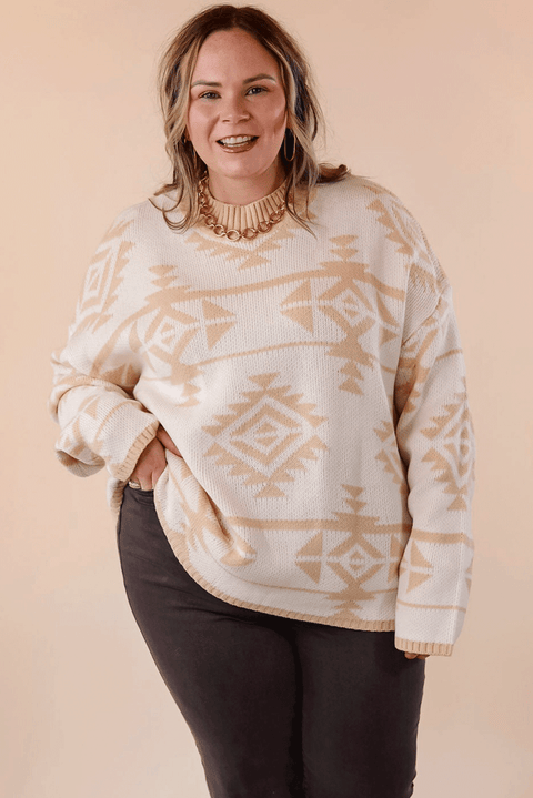 Apricot Plus Size Western Aztec Print Loose Sweater