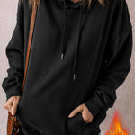 Black Fleece Lined Kangaroo Pocket Drawstring Chunky Hoodie