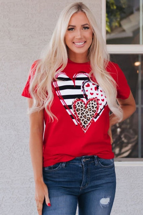 Red Leopard Striped Heart Shaped Print Crew Neck T Shirt