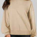 Parchment Solid O Neck High Low Hem Pullover Sweatshirt