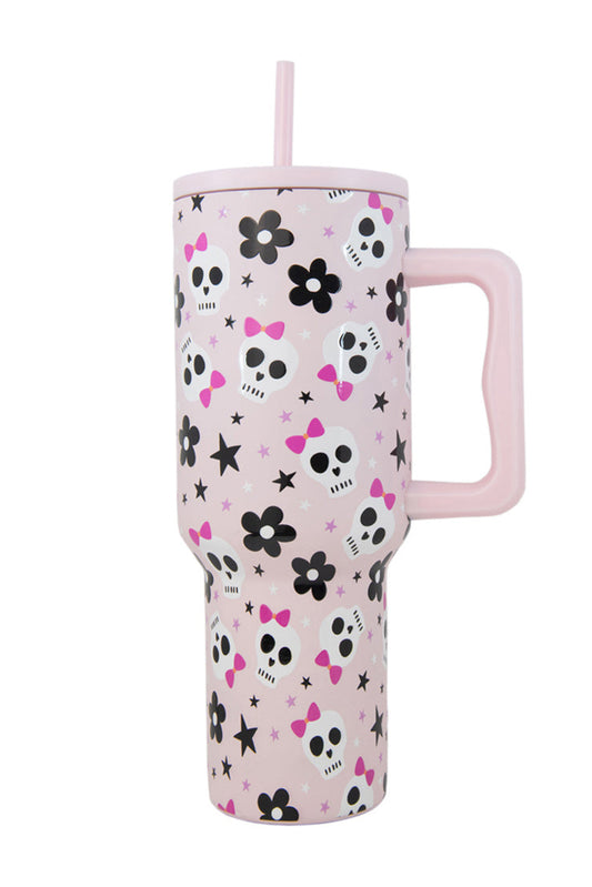 Light Pink Halloween Skull Flower Print Handle Large Vacuum Cup 40oz