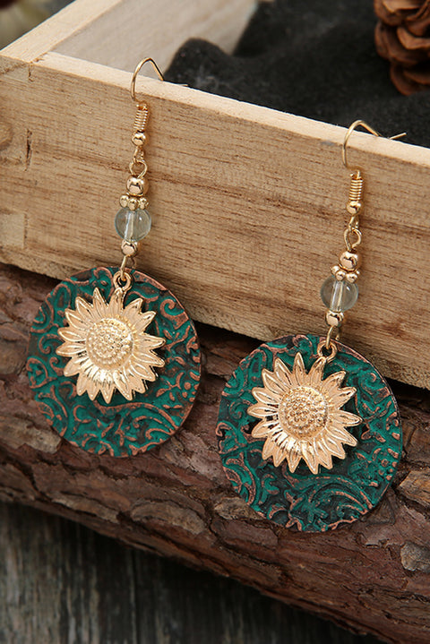 Real Teal Retro Sunflower Disc Alloy Dangle Earrings