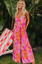 Pink Boho Abstract Print V Neck Wide Leg Jumpsuit