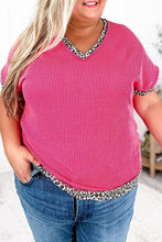 Rose Red Leopard Trim V Neck Short Sleeve Plus Size Corded Top