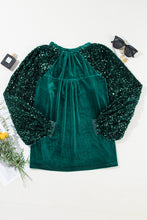 Evergreen Sequin Patchwork Sleeve Button Up Velvet Top