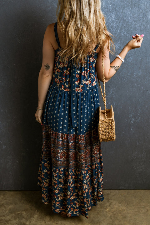 Blue Boho Floral Splicing Sleeveless Maxi Dress