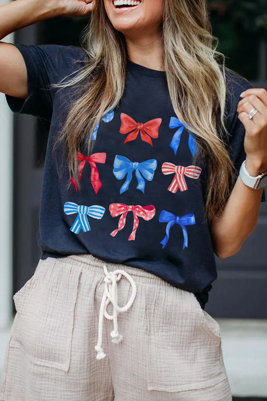 Blue Diverse Bowknot Print Independent Day Graphic Tee