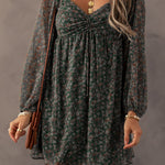 Green Floral Print Sweetheart Neck Shirred Back Mini Dress