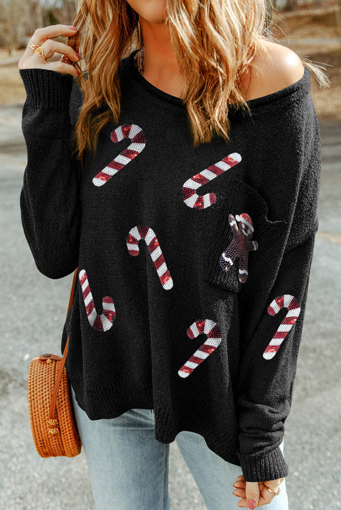 Black Sequined Candy Canes Gingerbread Man Sweater