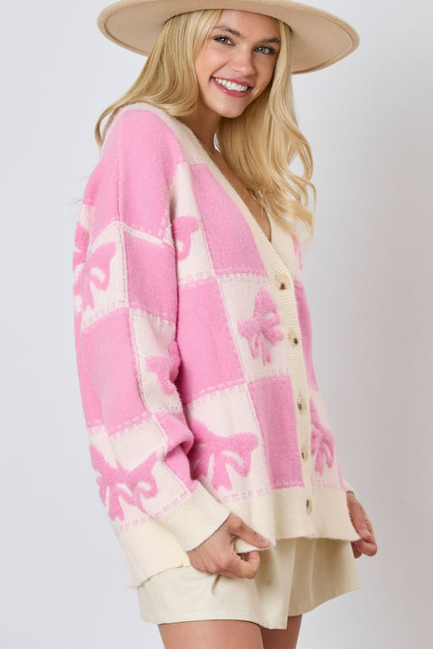 Pink Bowknot Checkered Pattern V Neck Drop Shoulder Button Up Cardigan