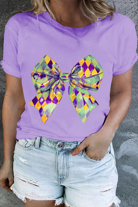 Orchid Petal Checkered Bow Knot Print O Neck Plus Size T Shirt