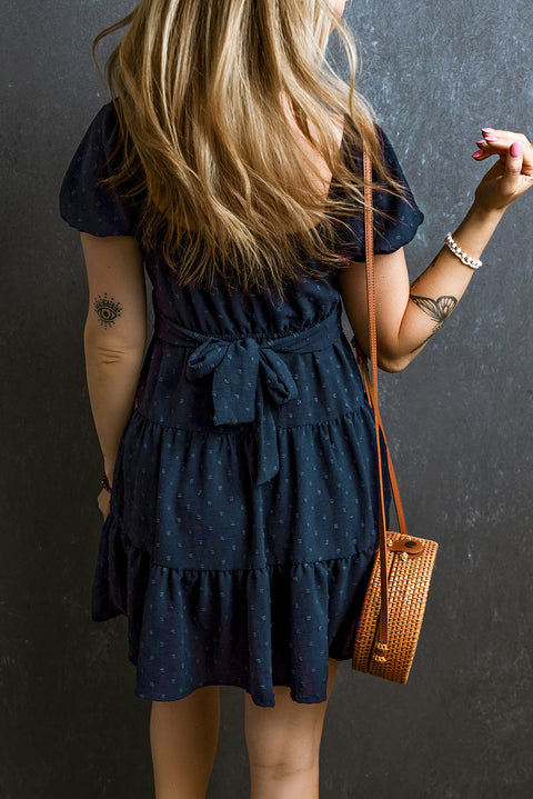 Navy Blue Swiss Dot Jacquard Puff Sleeve Crossover Tied Tiered Dress