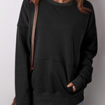 Black Drop Shoulder Crisscross Stitching Pocketed Loose Sweatshirt