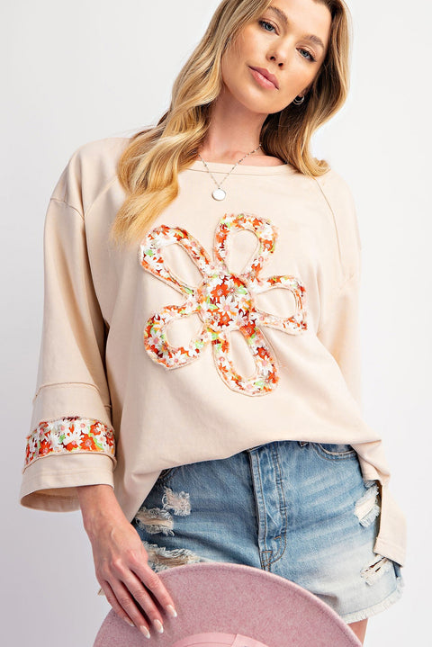 Beige Plus Size Flower Patched Side Slits Crewneck Top