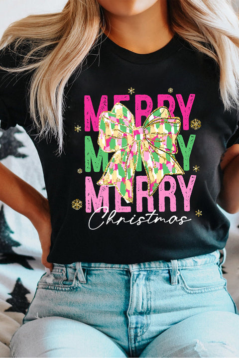 Black Merry Christmas Brushwork Bow Printed T Shirt