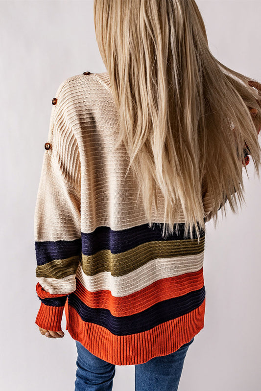 Buttoned Shoulder Drop Shoulder Striped Sweater