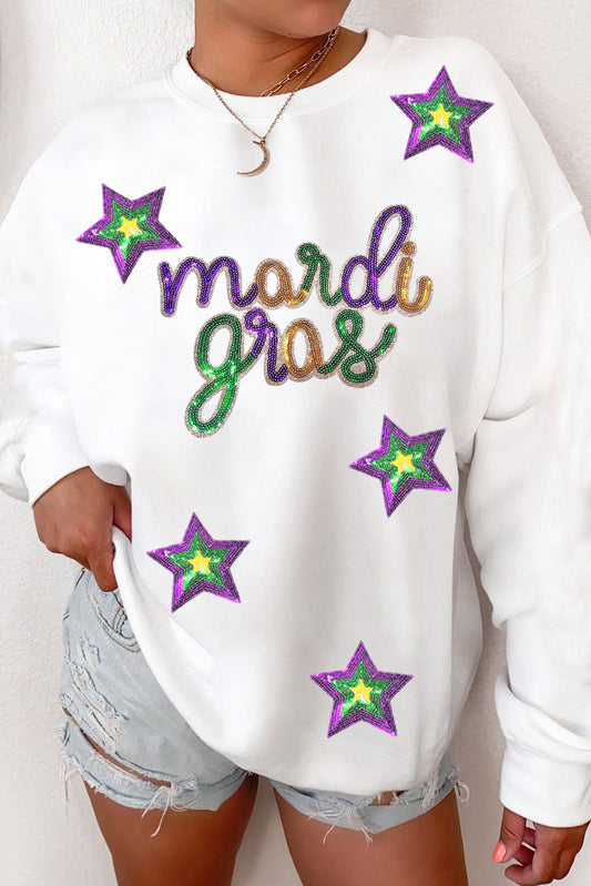 White Sequined Mardi Gras Star Pattern Drop Shoulder Sweatshirt