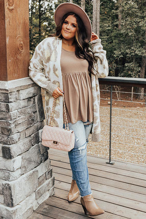 Beige Plus Size Leopard Pattern Cardigan