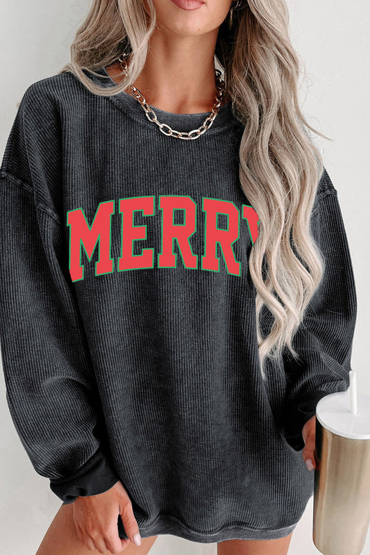 Black MERRY Graphic Corded Pullover Sweatshirt