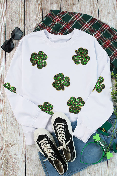 White Sequin Clover Patched Pattern St Patrick Pullover Sweatshirt