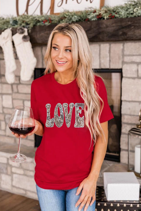 Red Sequined LOVE Letter Valentines T-shirt