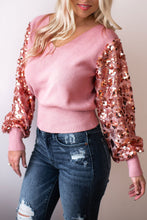 Pink Contrast Sequin Sleeve V Neck Ribbed Knit Sweater