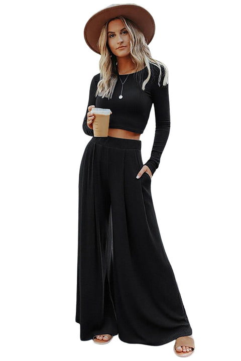 Solid Color Ribbed Crop Top Long Pants Set