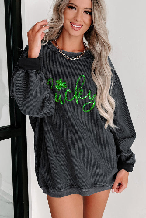 Black Shiny Lucky Clover Corded Drop Shoulder Sweatshirt