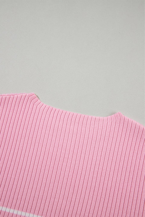 Pink Stripe Ribbed Loose Plus T Shirt