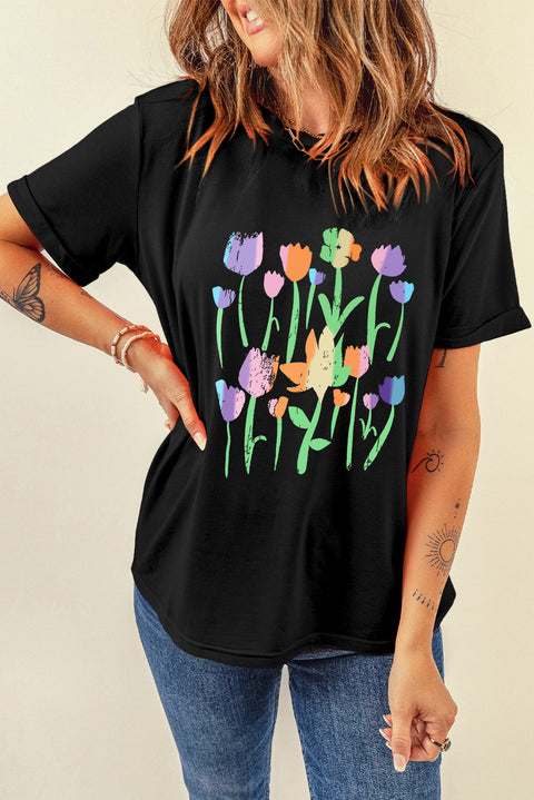 Black Floral Print Crewneck T Shirt