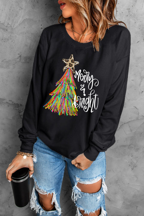 Black Merry & Bright Christmas Tree Graphic Sweatshirt