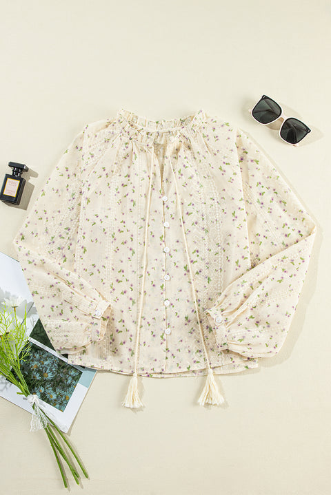 White Floral Embroidered Lace Bubble Sleeve Shirt