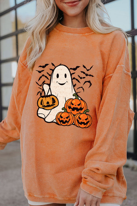 Orange Halloween Ghost Pumpkin Bat Print Corded Pullover Sweatshirt