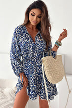 Blue Vintage Print Lace up V Neck Long Sleeve Mini Dress