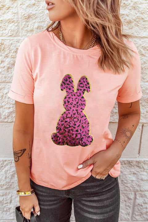 Pink Sequined Leopard Bunny Easter Graphic Tee