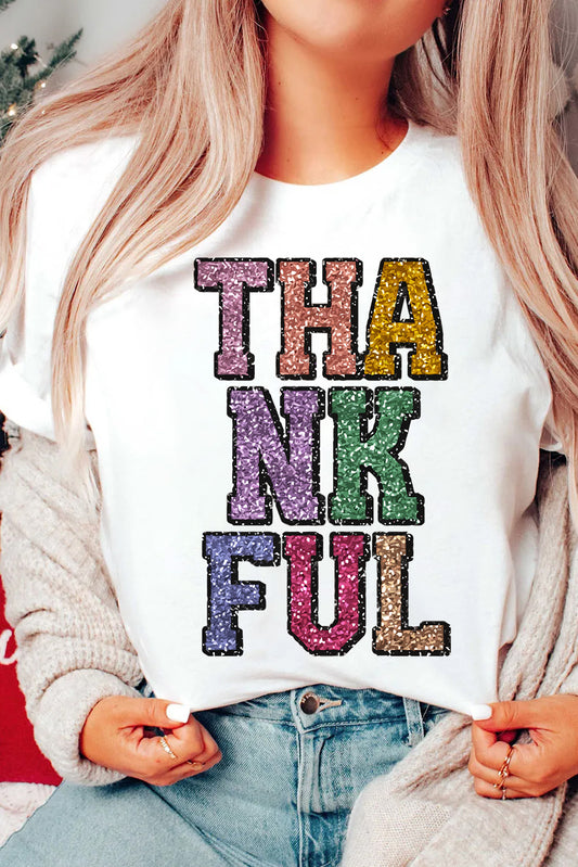 White Heat-transfer Printed THANKFUL Letter Graphic T Shirt