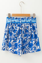 Blue Floral Print Pocketed Front Knot High Waist Casual Shorts