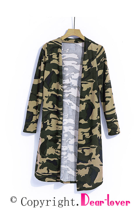 Green Camo Print Long Cardigan