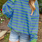 Sky Blue Stripe Trimmed Round Neck Drop Shoulder Loose Sweater