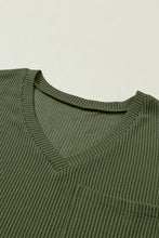 Jungle Green Corded V Neck Chest Pocket Loose T-shirt