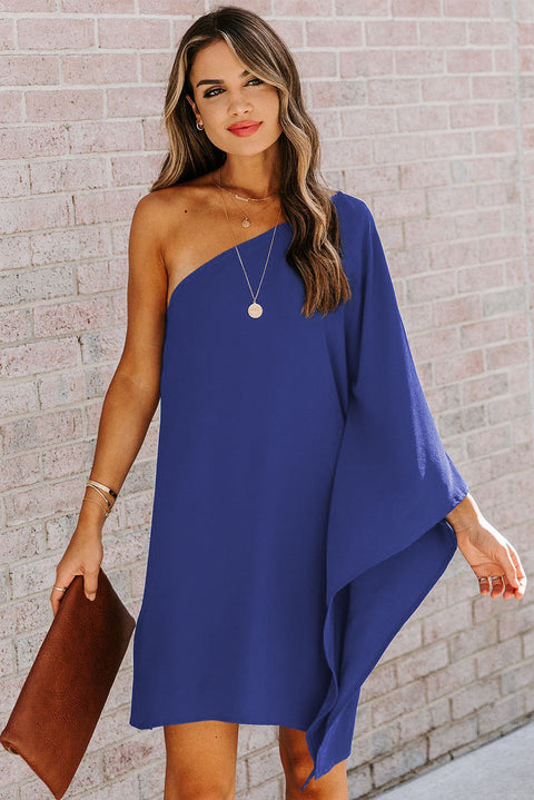 Blue Solid Color One Shoulder Batwing Sleeve Mini Dress