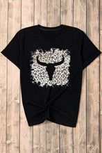 Black Western Leopard Steer Head Print Casual T Shirt