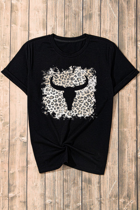 Black Western Leopard Steer Head Print Casual T Shirt