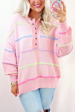 Pink Rainbow Stripes Drop Shoulder Baggy Henley Sweater