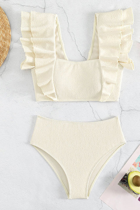 Beige Textured Ruffled Square Neck High Waist Swimsuit